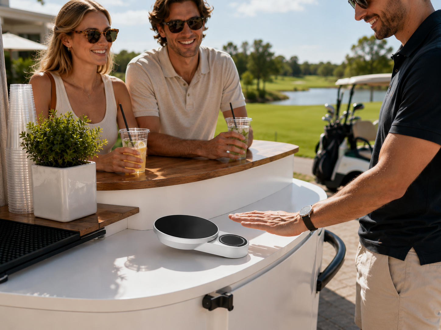 A player settles a round of drinks at the beverage cart with a single palm gesture